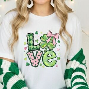 St Patrick's T-shirt Love With a Bow, Faux Embroidery, Clovers, S M L XL New